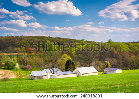 View of buildings on a farm in rural York County, Pennsylvania.