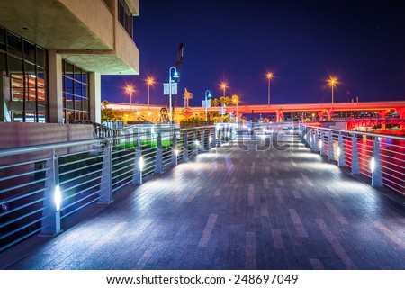The Riverwalk at night, in Tampa, Florida.