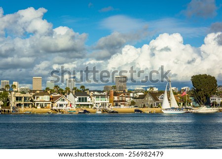 View of Balboa Island, and buildings in Irvine, from Newport Beach, California.