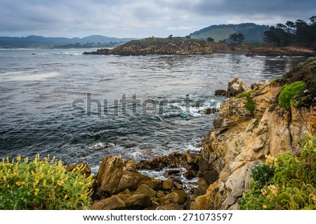 View of the Pacific Ocean from rocky bluffs at Point Lobos State Natural Reserve, in Carmel, California.