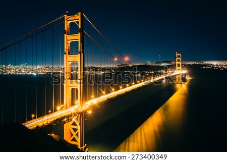 View of the Golden Gate Bridge at night, from Golden Gate National Recreation Area, in San Francisco, California.