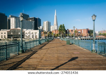 Pier 7 and view of the skyline, at the Embarcadero in San Francisco, California.