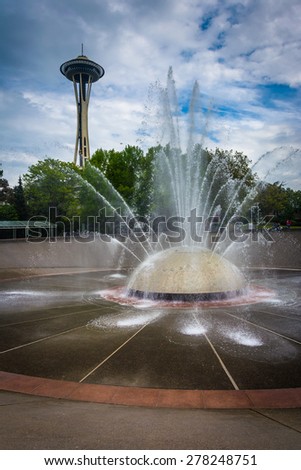 The International Fountain and the Space Needle, at the Seattle Center, in Seattle, Washington.