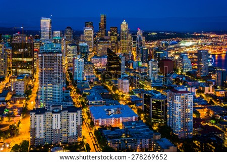 View of the downtown Seattle  skyline at night, in Seattle, Washington.