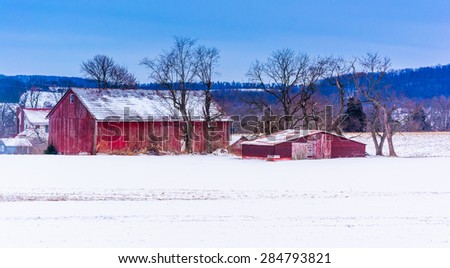 Red barns in a snow-covered field in rural York County, Pennsylvania.
