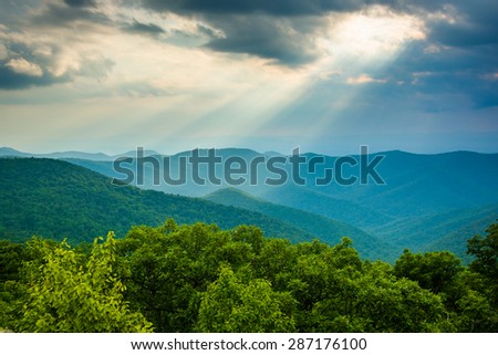 Crepuscular rays over the Blue Ridge Mountains seen from Loft Mountain in Shenandoah National Park, Virginia.
