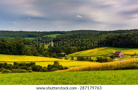 View of farm fields and rolling hills in rural York County, Pennsylvania.