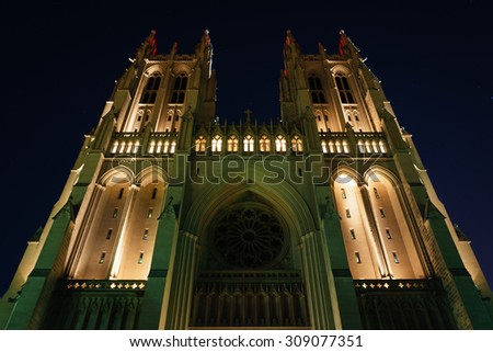 The National Cathedral at night, in Washington, DC.