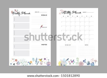 Monthly Planner plus Weekly List Templates. Organizer and Schedule with Notes and To Do List. Vector