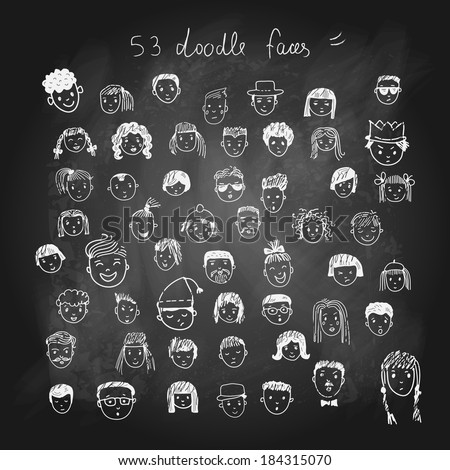53 different funny faces.Cartoon vector set .