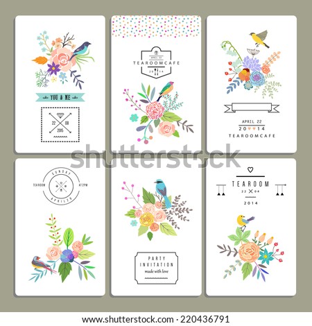 Floral collection of romantic invitations. Wedding, marriage, bridal, birthday, Valentine’s day. Isolated. Vector