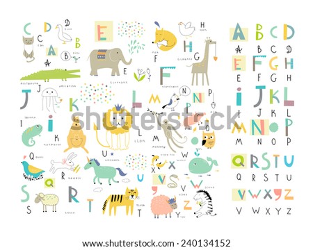 Cute zoo alphabet with funny animals in vector . Letters. Learn to read. Isolated.