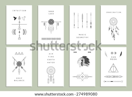 Ethnic cards. Arrows, Indian elements, Aztec borders and embellishments.