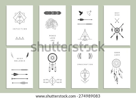 Ethnic cards. Arrows, Indian elements, Aztec borders and embellishments.