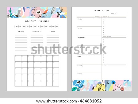 Monthly Planner plus Weekly List Templates. Organizer and Schedule with Notes and To Do List. Vector. Isolated