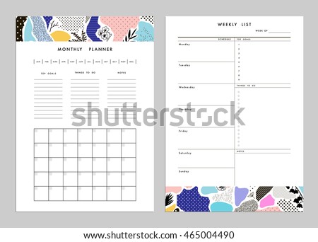 Monthly Planner plus Weekly List Templates. Organizer and Schedule with Notes and To Do List. Vector. Isolated