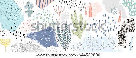 Creative universal artistic floral background. Hand Drawn textures. Trendy Graphic Design for banner, poster, card, cover, invitation, placard, brochure or header.