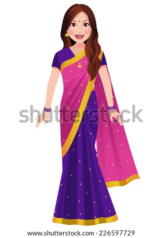 Indian woman standing in a traditional half and half saree