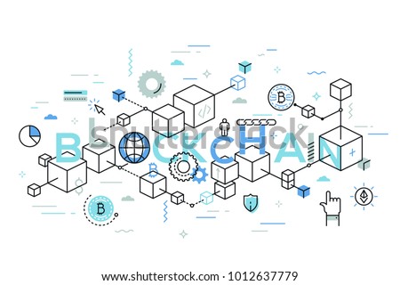 Blockchain word surrounded by cubes or blocks arranged into chain, bitcoin symbols. Distributed digital transaction record. Infographic banner with elements in thin line style. Vector illustration.