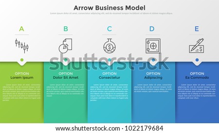 Five colorful rectangular elements, thin line pictograms, pointers and text boxes. Concept of arrow business model with 5 successive steps. Modern infographic design template. Vector illustration.