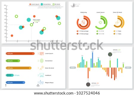 Set of various diagrams - round and bar charts, scatter plot. Concept of financial or statistical data representation and visualization. Infographic design templates. Vector illustration for report.