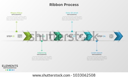 Horizontal ribbon or stripe divided into 4 arrow-like parts with thin line pictograms inside. Concept of 4 successive steps of business development. Infographic design template. Vector illustration.