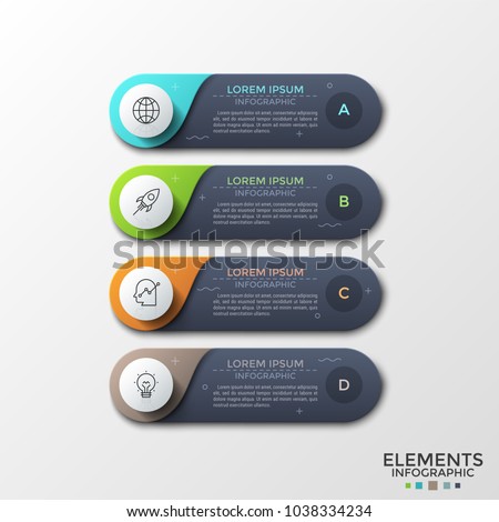 Four black rounded elements with letters, thin line icons and text boxes inside placed one below other. Concept of 4-stepped process planning. Infographic design template. Vector illustration.