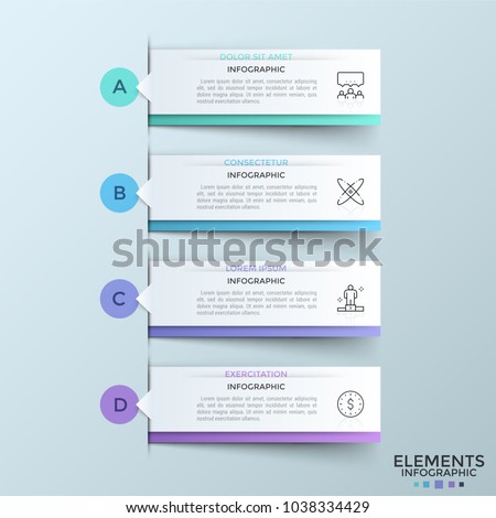 Four rectangular elements with thin line icons, place for text and pointers pointing at letters. Concept of strategic plan or process with 4 steps. Infographic design template. Vector illustration.