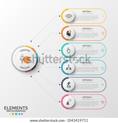 Six rounded elements with thin line icons and place for text inside connected to paper white circle. Concept of 6 features of business development. Infographic design template. Vector illustration.