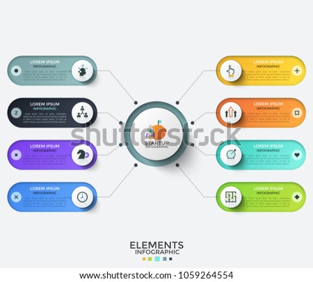Circle in center surrounded by 8 rounded elements with thin line icons and place for text inside. Concept of 8 options of startup company launch. Infographic design template. Vector illustration.