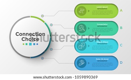 Main circle connected to four colorful rounded elements with linear pictograms and place for text inside. Concept of 4 services provided by company. Infographic design template. Vector illustration.