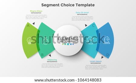 Four colorful translucent rounded sectoral elements with thin line icons inside, white circle in center and text boxes. Infographic design template. Vector illustration for website interface.