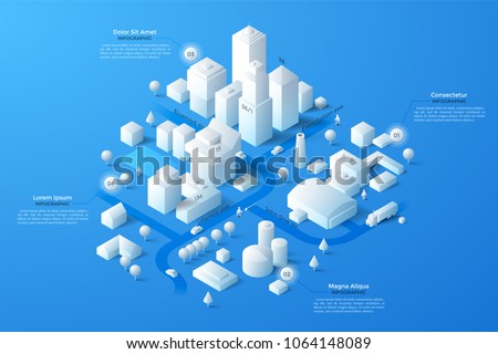 Modern isometric or 3d location map with paper white living and industrial buildings, city landmarks, streets and place for text or description. Clean infographic design template. Vector illustration.