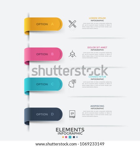 Four colorful tape-like bookmarks, thin line symbols and text boxes placed. Concept of web menu with 4 options to choose. Bright colored infographic design template. Vector illustration for website.