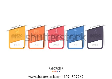 Five separate colorful rectangular elements with linear icons and place for text inside. Concept of web drop-down menu with 5 options. Infographic design template. Vector illustration for website.