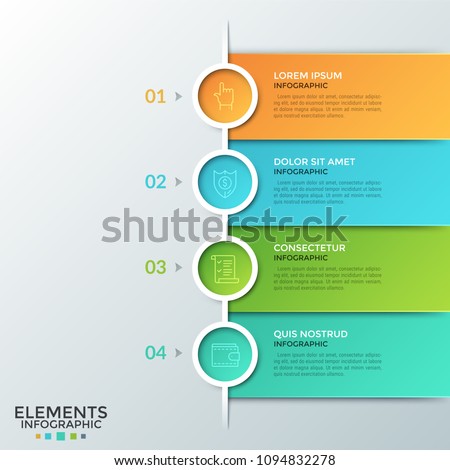 Four colorful round elements with linear pictograms inside, numbers and text boxes placed one below other. Concept of list or 4-stepped business plan. Infographic design layout. Vector illustration.