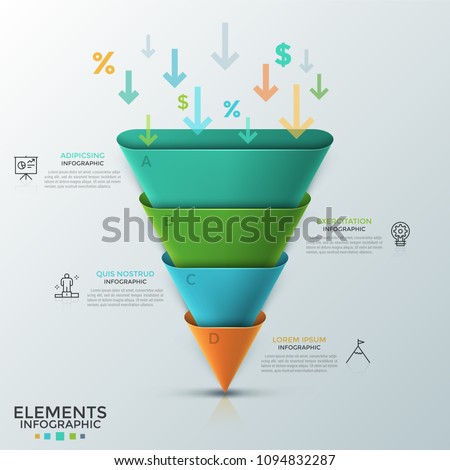 Inverted cone or rounded pyramid consisted of 4 colorful parts, arrows, percent and dollar symbols falling inside it, thin line icons and text boxes. Infographic design template. Vector illustration.