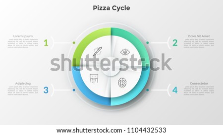 Circular pie chart divided into 4 equal pieces with thin line icons inside connected to numbered text boxes. Concept of pizza cycle diagram. Modern infographic design template. Vector illustration.