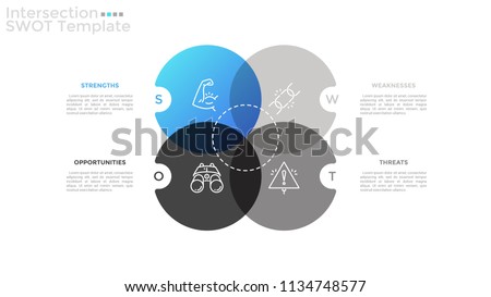 Four intersected translucent round elements with linear icons inside and place for text. Concept of SWOT analysis of enterprise. Simple infographic design template. Vector illustration for brochure.