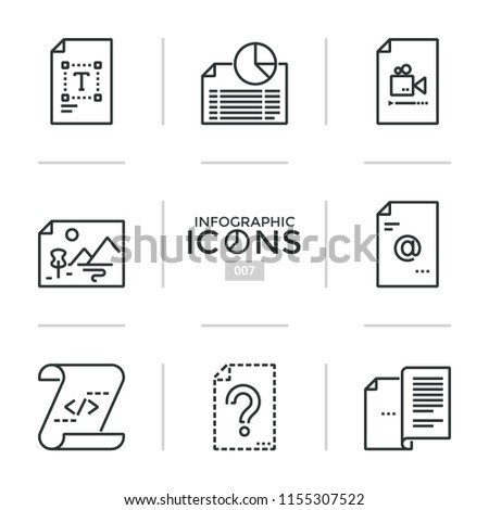 Set of thin line icons or linear pictograms - computer files or electronic documents of different types, digital information or data formats. Modern vector illustration for presentation, website.