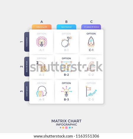 Square paper white matrix chart with colorful thin line symbols inside cells. Table with 9 options to choose. Clean infographic design template. Vector illustration for presentation, website.