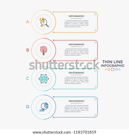 Four separate rectangular elements with linear symbols and place for text arranged in vertical row. List of 4 business features to choose. Minimal infographic design layout. Vector illustration.