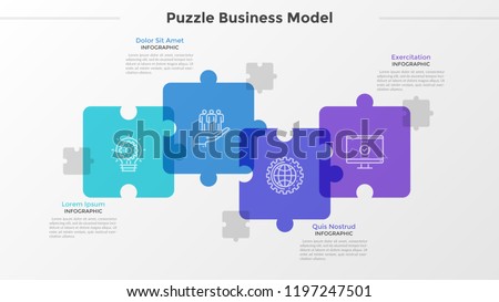 Four translucent jigsaw puzzle pieces with thin line icons inside placed into horizontal row and intersected. Concept of 4-stepped business challenge. Infographic design template. Vector illustration.