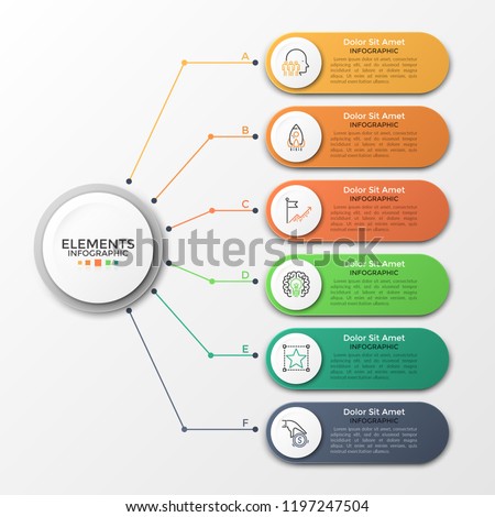 Paper white circle connected to 6 colorful rounded elements with linear icons and place for text inside. Concept of six features of business project. Infographic design template. Vector illustration.