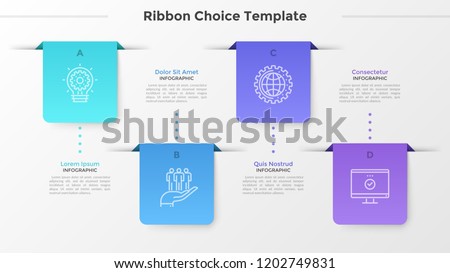 Four staggered ribbon-like elements or bookmarks with linear icons and letters connected to text boxes by dotted line. Concept of web menu interface. Infographic design template. Vector illustration.