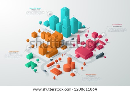 Modern isometric or 3d location map with colorful living and industrial buildings, city landmarks, streets and place for text or description. Clean infographic design template. Vector illustration