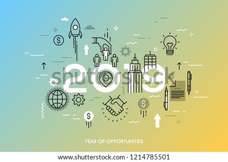 Infographic concept, 2019 - year of opportunities. Trends and prospects in business development and profit growth strategies, deal making, personnel management. Vector illustration in thin line style.