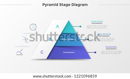 Triangular chart or pyramid diagram divided into 3 parts or levels, linear icons and place for text. Concept of three stages of project development. Infographic design template. Vector illustration.