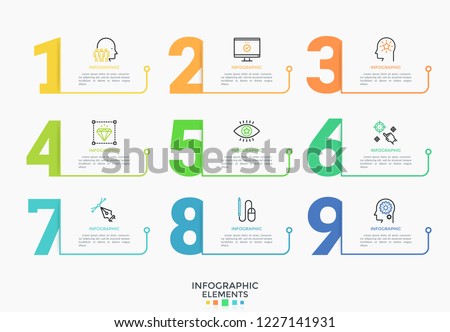 Nine colorful numbers or figures and rectangular elements or cards with place for text. Infographic design template. Creative vector illustration for business options visualization, website menu.