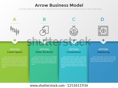 Four colorful rectangular elements, thin line pictograms, pointers and text boxes. Concept of arrow business model with 4 successive steps. Modern infographic design template. Vector illustration.